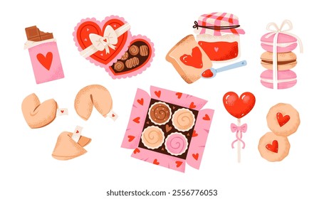 Valentine’s Day sweets, chocolates, candies and fortune cookies. Festive  romantic treats. A vibrant flat vector illustration set.