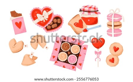 Valentine’s Day sweets, chocolates, candies and fortune cookies. Festive  romantic treats. A vibrant flat vector illustration set.