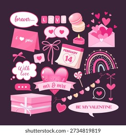 Valentine’s Day Symbols and Romantic Love Elements Set with Hearts, Gifts, Speech Bubbles and Cute Decorations, Pink Valentine Icons Collection for Cards, Stickers, Social Media and Holiday Design.
