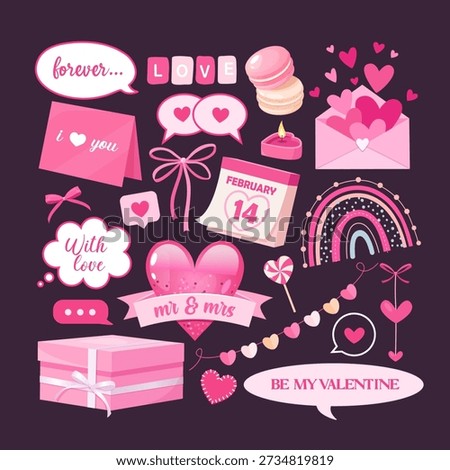 Valentine’s Day Symbols and Romantic Love Elements Set with Hearts, Gifts, Speech Bubbles and Cute Decorations, Pink Valentine Icons Collection for Cards, Stickers, Social Media and Holiday Design.