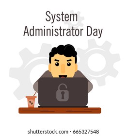 Day of the system administrator. Cartoon, funny picture man curly hair system administrator. Stock vector.