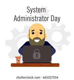 Day of the system administrator. Cartoon, funny picture man with a beard and bald head system administrator. Stock vector.