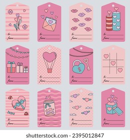 Valentine’s Day tags and cards, hand-drawn in flat design