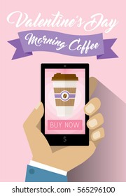Valentineâ??s Day Take Away Coffee Online Shopping Web Site Product Page Mockup Template Layout with Man Hand Holding Smartphone Vector Illustration
