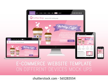 Valentine’s Day Take Away Coffee Sale Shop E-commerce Website Design Template Layout Vector Illustration for Laptop, Tabletop Computer, Tablet and Smartphone Gadget.
