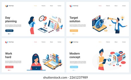 Planificación de día y destino, soluciones modernas configuran la ilustración vectorial. Personas pequeñas con telescopio y calendario planifican decisiones futuras, trabajan con configuraciones de laptop, máquina virtual y computadora