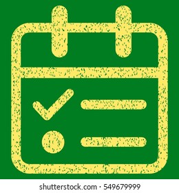 Day Tasklist grainy textured icon for overlay watermark stamps. Flat symbol with scratched texture. Dotted vector yellow ink rubber seal stamp with grunge design on a green background.