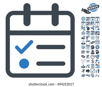 Day Tasklist icon with bonus calendar and time management graphic icons. Vector illustration style is flat iconic bicolor symbols, smooth blue colors, white background.