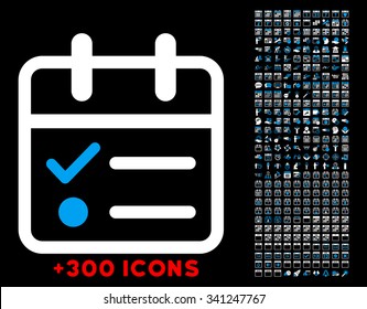Day Tasklist vector icon with additional 300 date and time management pictograms. Style is bicolor flat symbols, blue and white colors, rounded angles, black background.