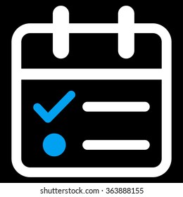 Day Tasklist vector icon. Style is bicolor flat symbol, blue and white colors, rounded angles, black background.