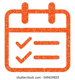 Day Tasks grainy textured icon for overlay watermark stamps. Flat symbol with dust texture. Dotted vector orange ink rubber seal stamp with grunge design on a white background.