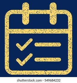 Day Tasks grainy textured icon for overlay watermark stamps. Flat symbol with dust texture. Dotted vector yellow ink rubber seal stamp with grunge design on a blue background.