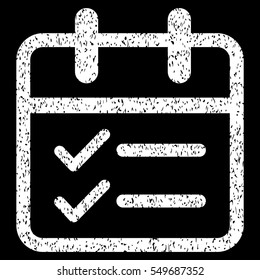 Day Tasks grainy textured icon for overlay watermark stamps. Flat symbol with dust texture. Dotted vector white ink rubber seal stamp with grunge design on a black background.