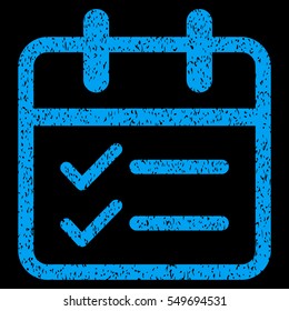 Day Tasks grainy textured icon for overlay watermark stamps. Flat symbol with scratched texture. Dotted vector blue ink rubber seal stamp with grunge design on a black background.