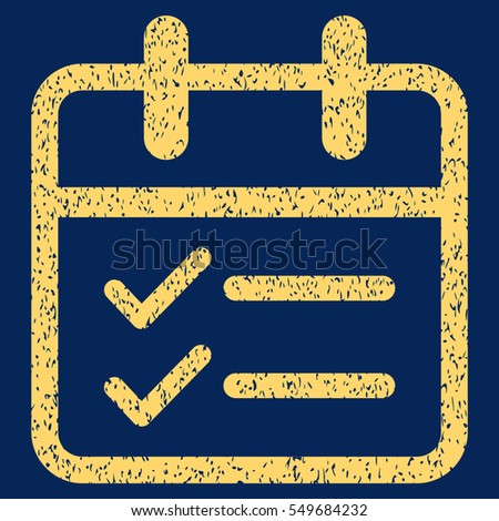 Day Tasks grainy textured icon for overlay watermark stamps. Flat symbol with dust texture. Dotted vector yellow ink rubber seal stamp with grunge design on a blue background.
