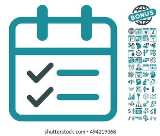 Day Tasks icon with bonus calendar and time management pictogram. Vector illustration style is flat iconic bicolor symbols, soft blue colors, white background.