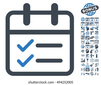 Day Tasks icon with bonus calendar and time management pictogram. Vector illustration style is flat iconic bicolor symbols, smooth blue colors, white background.