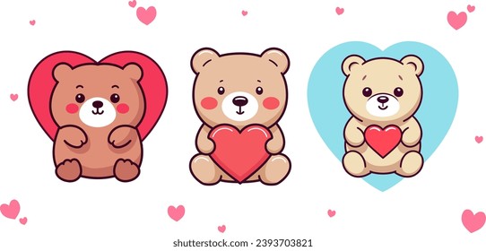 Valentine’s Day Teddy Bear Collection: Cute Animal Compositions with Bears and Hearts in Vector Flat Style
