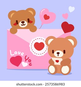 Valentine’s Day Teddy Bears with Love Letter and Balloons. Adorable Kawaii Bears with Envelope and Romantic Hearts. Cute Bear Illustration with Love Letter and Valentine’s Decorations.