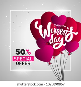 Woman’s Day text design with air balloons with sale special offer. Vector illustration. Woman’s Day banner greeting design on light background in pink colors. Template for a poster, cards, banner.