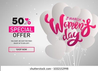 Woman’s Day text design with air balloons with sale special offer. Vector illustration. Woman’s Day banner greeting design on light background in pink colors. Template for a poster, cards, banner.