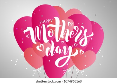 Mother’s Day text design with air balloons and sparkles. Vector illustration. Mother’s Day banner greeting design on light background in pink colors. Template for a poster, cards, banner.