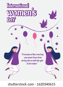 Woman’s Day text design with ballon. Vector illustration. Woman’s Day greeting calligraphy design in purple colors. Template for a poster, cards, banner.