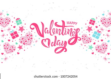 Valentine’s Day text design with decorative elements on white background. Vector illustration. Valentine’s Day lettering. Hearts and gifts pattern design. Template for a poster, banner, background.