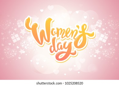 Woman’s Day text design with decorative elements and hearts. Vector illustration. Woman’s Day banner greeting design on blurred pink background. Template for a poster, cards, banner.
