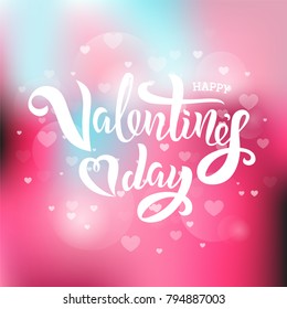 Valentine’s Day text design with decorative elements on blurred pink background. Vector illustration. Valentine’s Day lettering. Heart pattern design. Template for a poster, cards, banner, background.