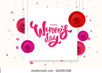 Woman’s Day text design with flowers and hearts on square background. Vector illustration. Woman’s Day greeting calligraphy design in pink colors. Template for a poster, cards, banner.