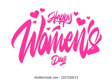 Woman’s Day text design with flowers and hearts on square background. Vector illustration. Woman’s Day greeting calligraphy design in pink colors. Template for a poster, cards, banner.