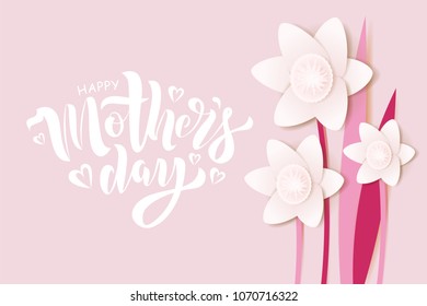 Woman’s Day text design with flowers paper art style background. Vector illustration. Woman’s Day greeting calligraphy design in pink colors. Template for a poster, cards, banner.