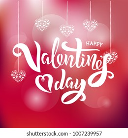 Valentine’s Day text design with and hearts garland. Vector illustration. Valentine’s Day card greeting design on blurred background. Template for a poster, cards, banner.