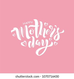 Mother’s Day text design with hearts on square background with texture. Vector illustration. Mother’s Day greeting calligraphy design in pink colors. Template for a poster, cards, banner.