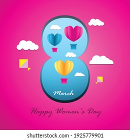Woman’s Day text design with  hearts on blue background. Vector illustration. greeting calligraphy design in pink colors. Template for a poster, cards, banner.