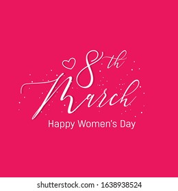 Woman’s Day text design with leaves and hearts on square background. Vector illustration. Woman’s Day greeting calligraphy design in pink or red colors. Template for a poster, cards, banner.