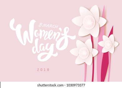 Woman’s Day text design with paper flowers. Vector illustration. Woman’s Day lettering in calligraphy style, pink color. Template for a poster, cards, banner.
