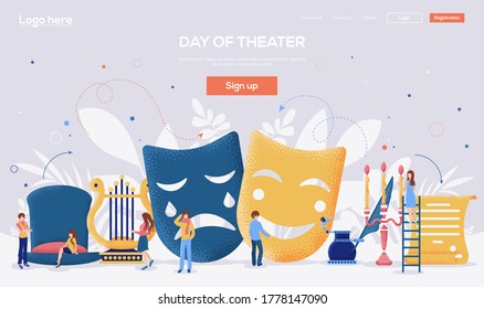 Day Of Theater Website  Flyer, Web Banner, Ui Header, Enter Site. People Character With Items Around Theater Equipment Concept Background. Grain Texture And Noise Effect.