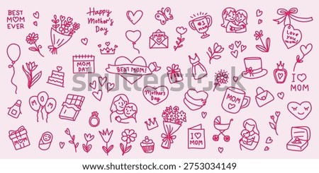 Mother’s Day Theme doodle illustration set, hand drawn decoration icon. Happy Mothers Day celebration with decorative floral elements