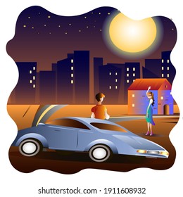 Valentine’s day themed illustration with a boy picking up a girl from her house for a date