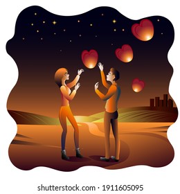 Valentine’s day themed illustration with a couple on a date at a sky lantern festival