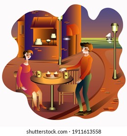 Valentine’s day themed illustration with a couple at a restaurant eating dessert