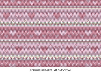 Valentine’s Day Themed Knitted Motif with Heart and Floral Accents. Romantic Pink Seamless Textile Design. Cozy Knitted Fabric Texture. Decorative Pink and Yellow Design. Vector illustration. 