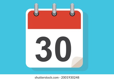 Día Treinta. Calendario simple con fecha 30. Ilustración vectorial de icono de calendario plano. icono de calendario día plano 30. Ilustración vectorial. Icono de línea de calendario