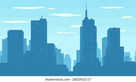 Day time cityscape pixel art. High buildings silhouette and clouds. 2d pixel video game background of daytime with modern skyscrapers in city. Seamless when docking horizontally.