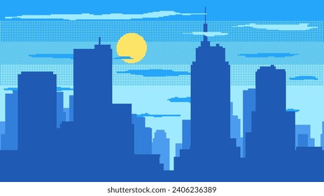 Day time cityscape pixel background. High buildings silhouette with sun and clouds. 2d pixel video game daytime with modern skyscrapers in city.