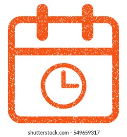 Day Time grainy textured icon for overlay watermark stamps. Flat symbol with dust texture. Dotted vector orange ink rubber seal stamp with grunge design on a white background.