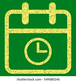Day Time grainy textured icon for overlay watermark stamps. Flat symbol with unclean texture. Dotted vector yellow ink rubber seal stamp with grunge design on a green background.