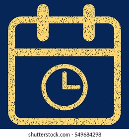 Day Time grainy textured icon for overlay watermark stamps. Flat symbol with unclean texture. Dotted vector yellow ink rubber seal stamp with grunge design on a blue background.